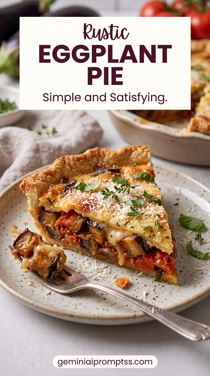 Savory Eggplant and Tomato Pie showing a savory eggplant pie with tomato, cheese, and herbs in a browned crust