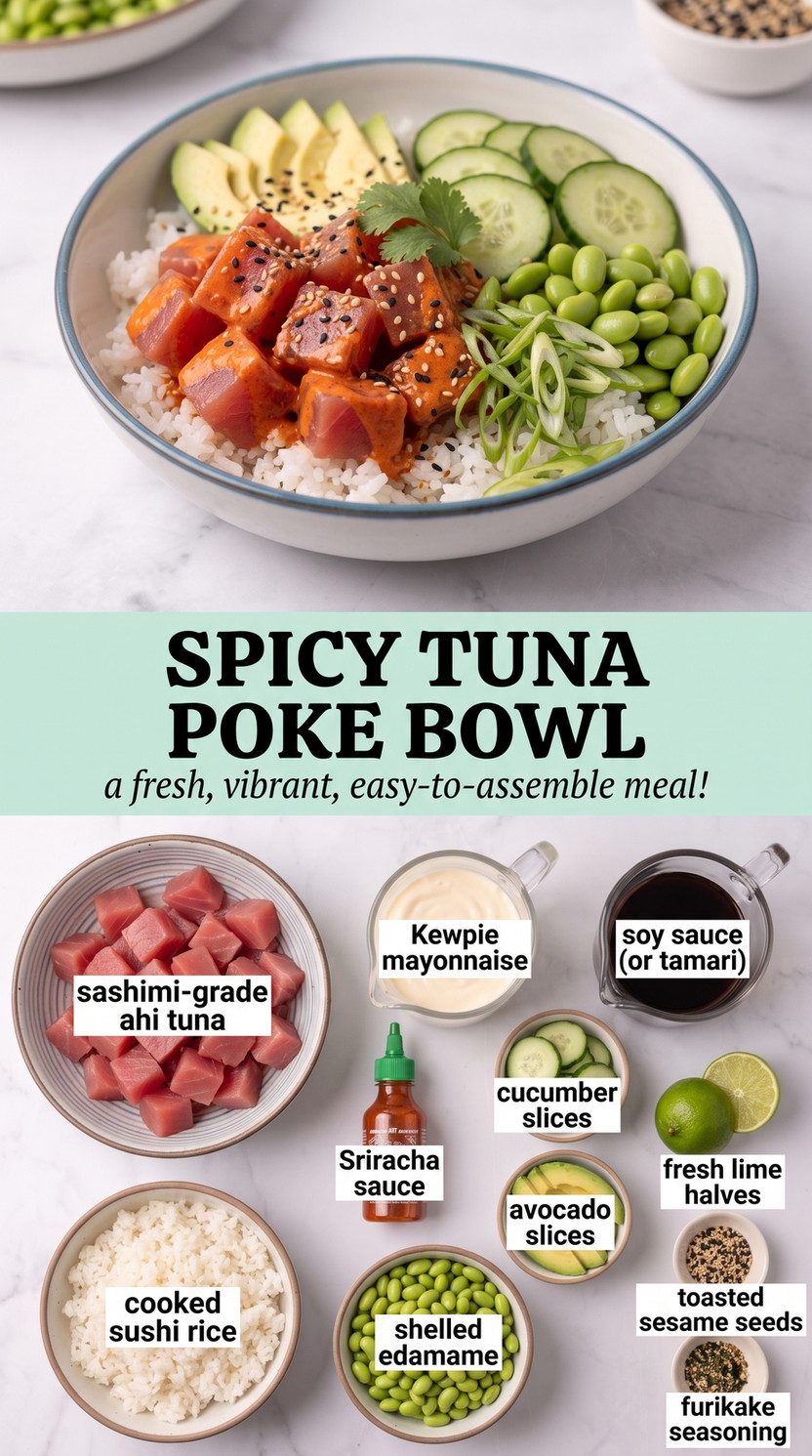Spicy Tuna Poke Bowl showing spicy ahi tuna with rice, avocado, cucumber, edamame, sesame, lime, and creamy chili dressing