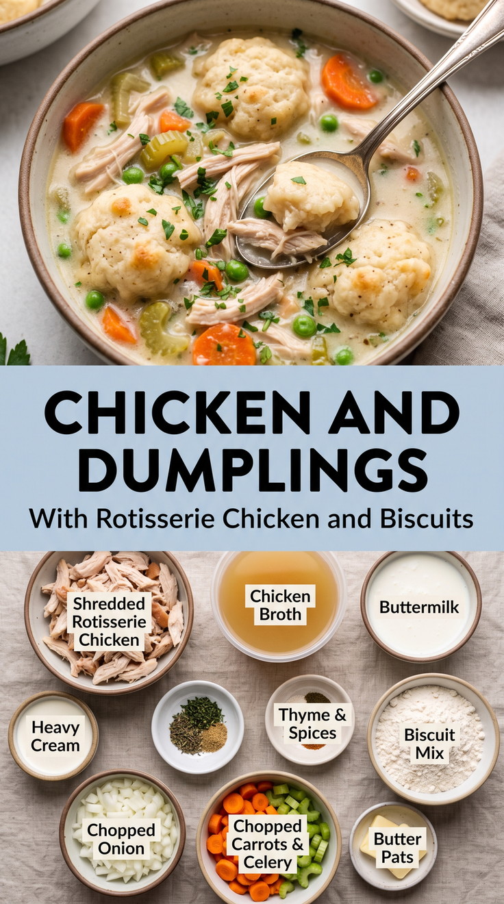 Chicken and Dumplings with Rotisserie Chicken and Biscuits with rotisserie chicken and dumplings with biscuit mix, buttermilk, carrots, celery, onion, cream, and thyme