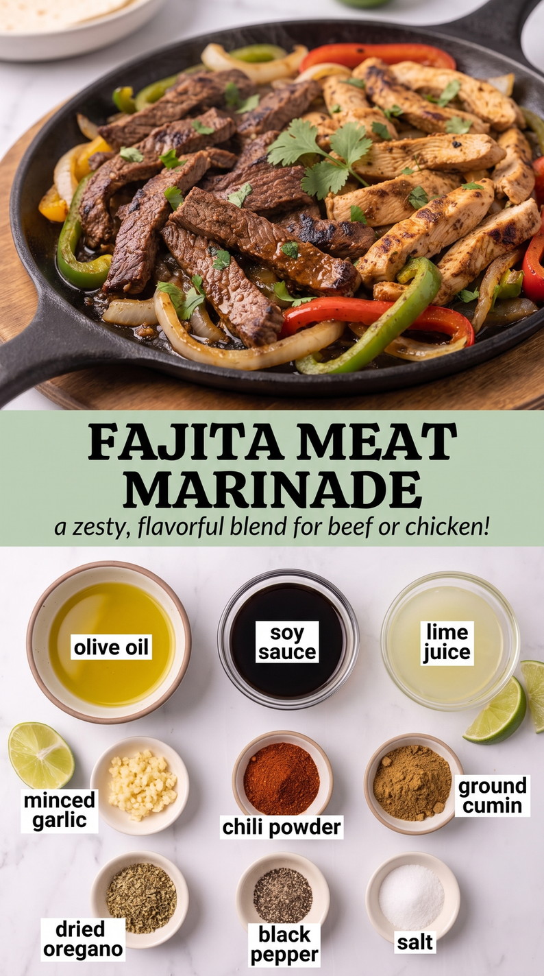 All-Purpose Fajita Meat Marinade - sizzling fajita-style protein with colorful peppers and onions
