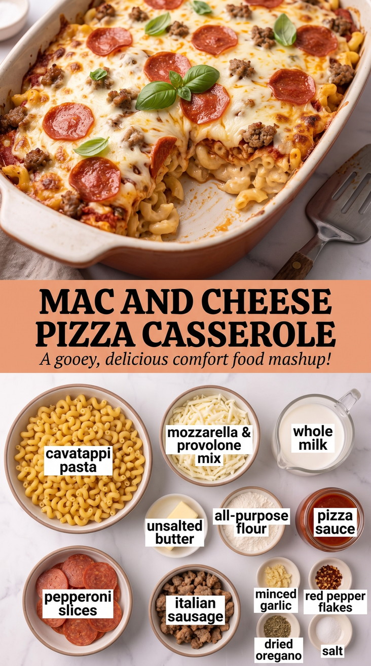 Mac and Cheese Pizza Casserole with pizza-style cavatappi with sausage, pepperoni, tomato sauce, mozzarella-provolone, oregano, and chile