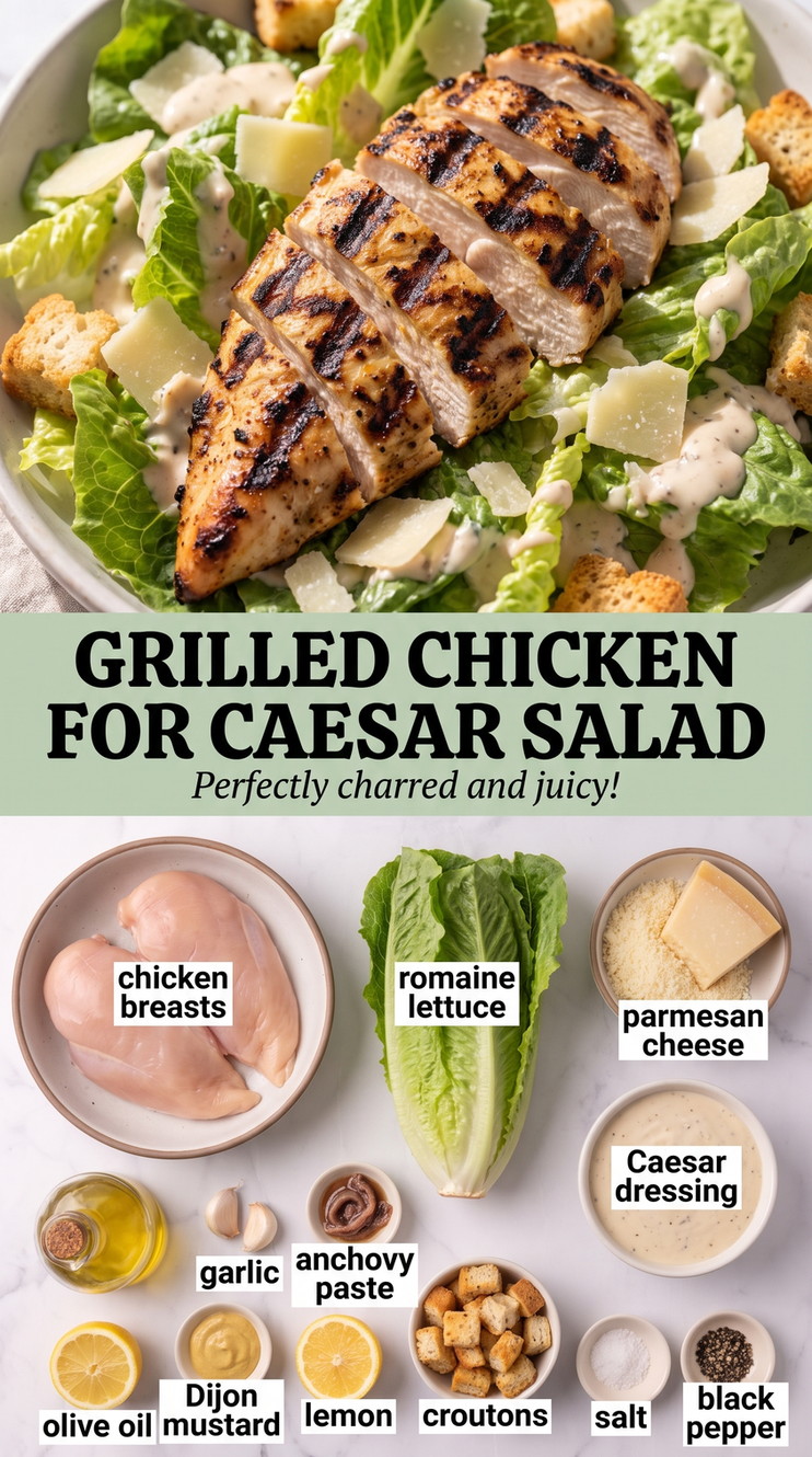 Grilled chicken for caesar salad showing grilled chicken with crisp greens, Parmesan, croutons, and creamy Caesar dressing