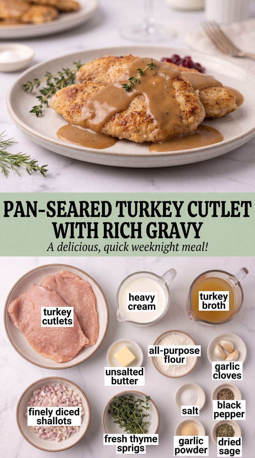 Turkey Cutlet with Gravy Recipe showing pan-seared turkey cutlets covered with a rich shallot, thyme and sage gravy