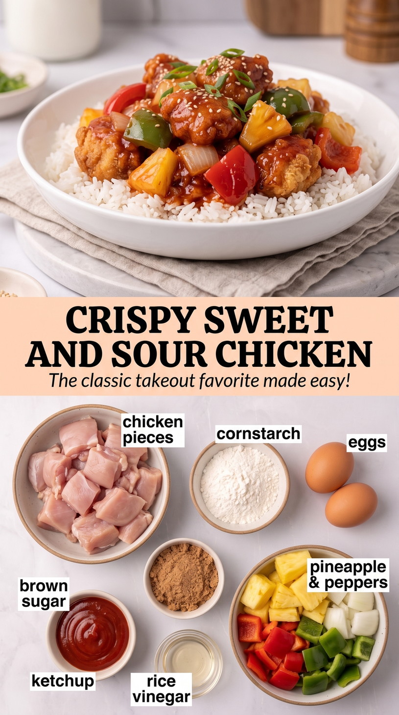 Crispy sweet and sour chicken finished dish made with chicken pieces, cornstarch, and eggs
