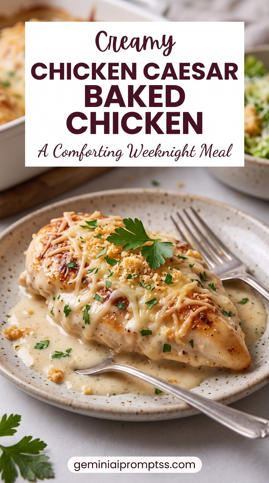 Chicken Caesar Baked Chicken with baked chicken with a creamy Caesar-Parmesan sauce, a lightly browned panko top, melted cheese, and fresh herbs