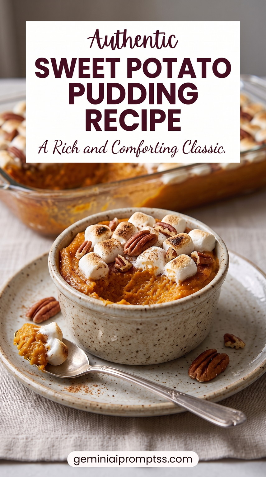 Sweet potato pudding recipe showing a soft custardy sweet potato pudding under toasted marshmallows and pecans