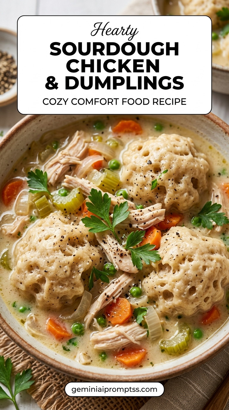 Sourdough Chicken and Dumplings showing chicken, carrots, celery, peas, and large rustic sourdough dumplings in a creamy broth