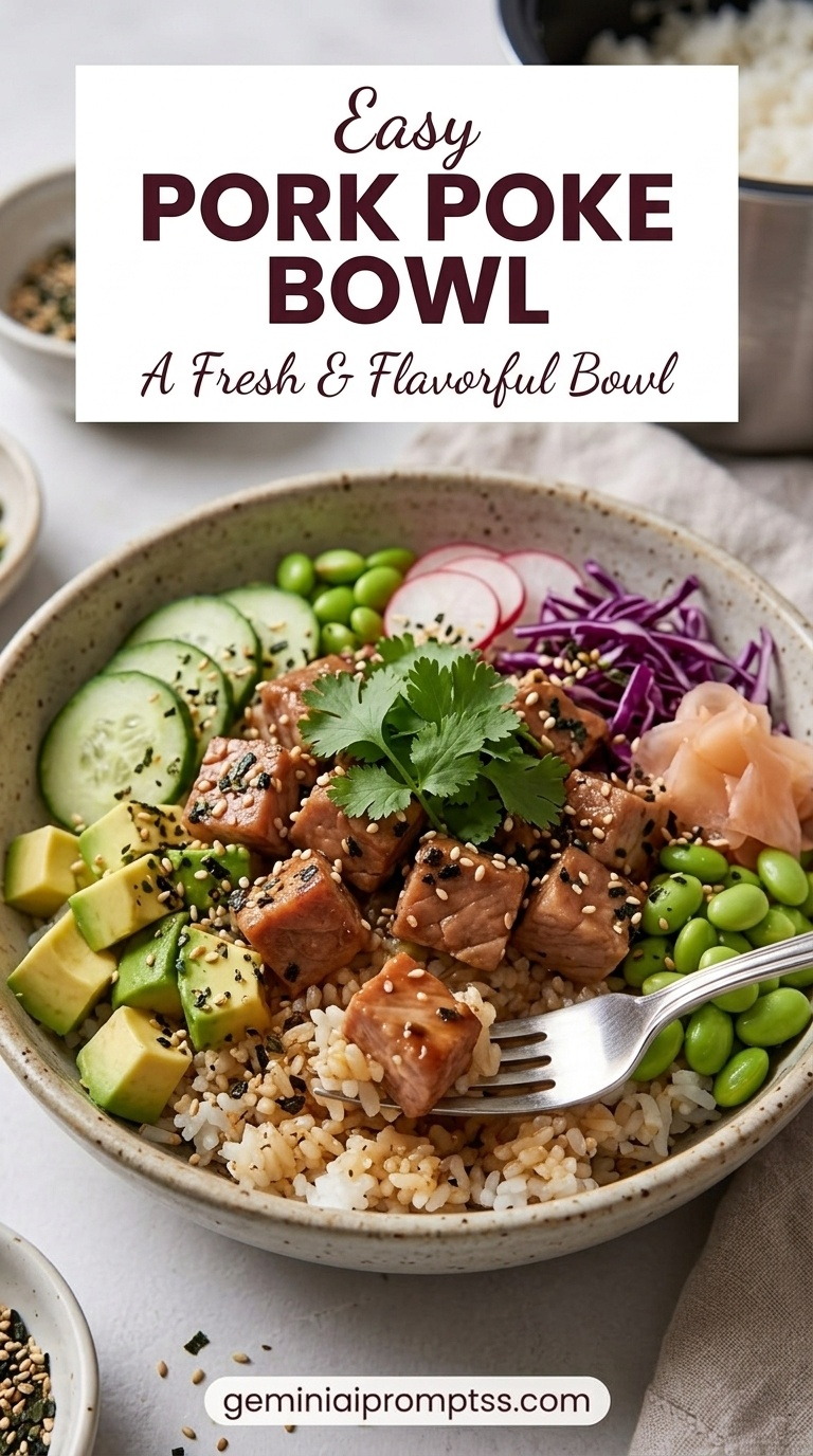 Pork Poke Bowl showing seared pork, rice, avocado, cucumber, edamame, radish, pickled ginger, and sesame