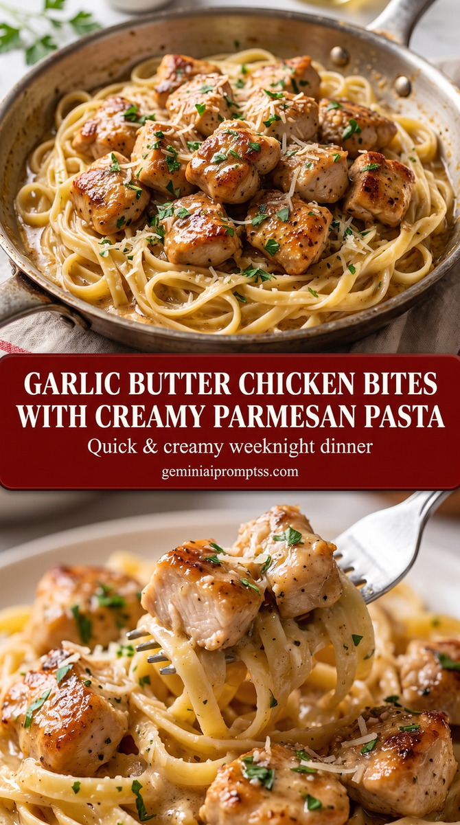 Garlic butter chicken bites with creamy parmesan pasta showing creamy chicken Alfredo pasta with a glossy Parmesan sauce