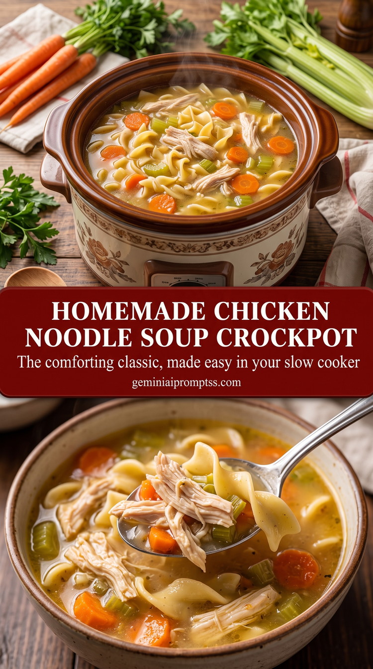 Homemade Chicken Noodle Soup Crockpot with tender chicken, noodles, carrots, celery, clear golden broth, and a light herb finish