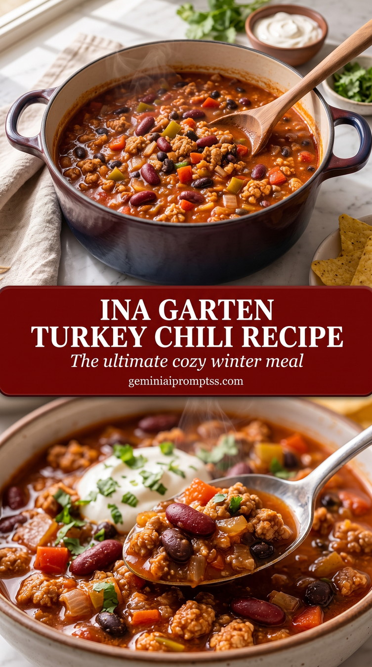 Ina Garten turkey chili recipe with a turkey chili with ground turkey, kidney beans, black beans, tomato, peppers, a white creamy topping, and herbs