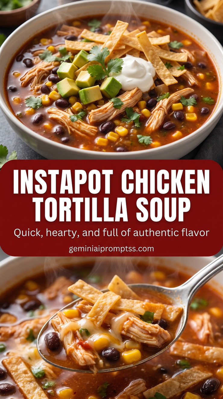 Instant Pot chicken tortilla soup with shredded chicken, black beans, corn, tomatoes, lime, and crisp tortilla strips