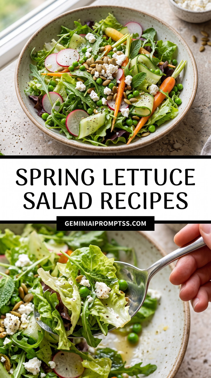 Spring Lettuce Salad Recipes showing spring greens with peas, radish, carrot strips, cucumber, feta and delicate herbs
