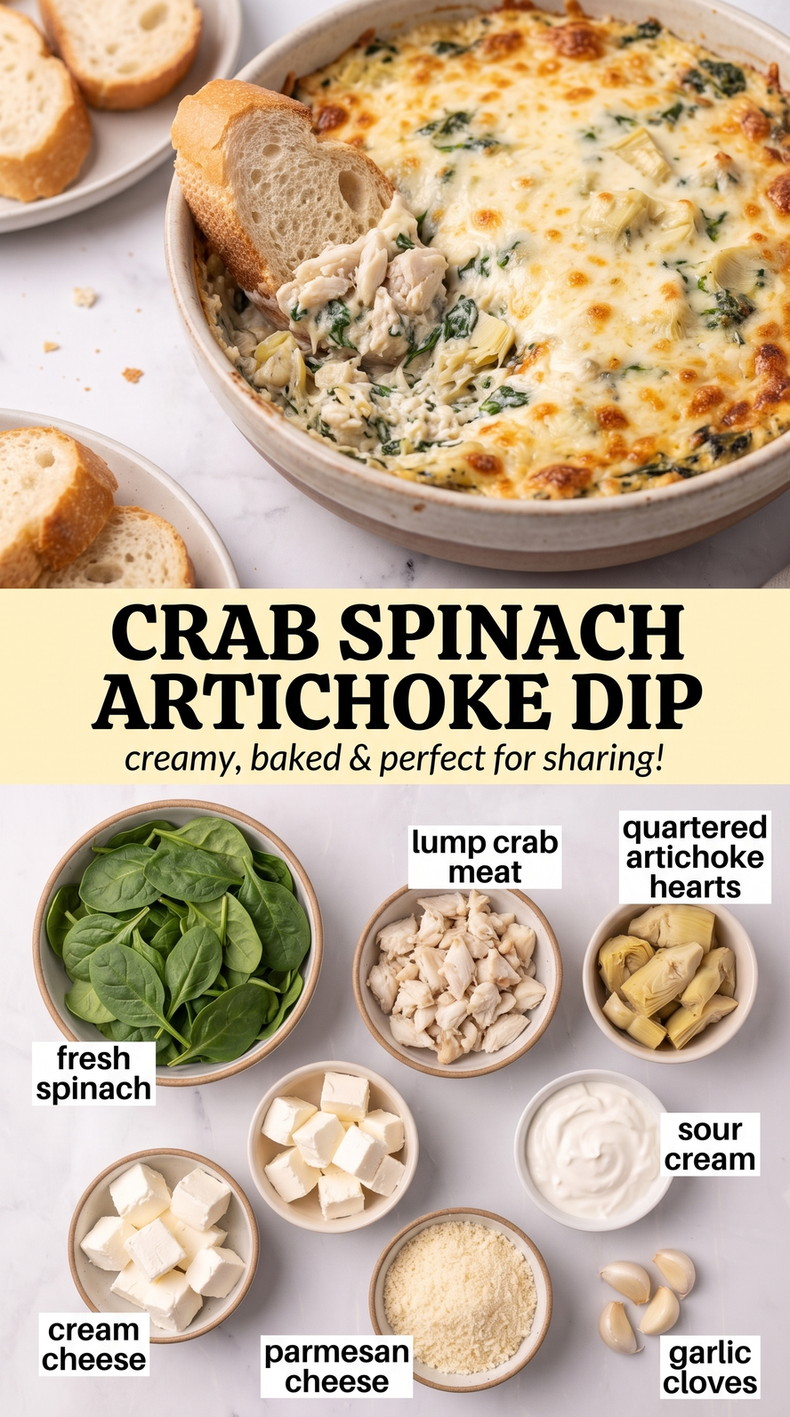 Crab spinach artichoke dip finished dish made with fresh spinach, lump crab meat, and quartered artichoke hearts