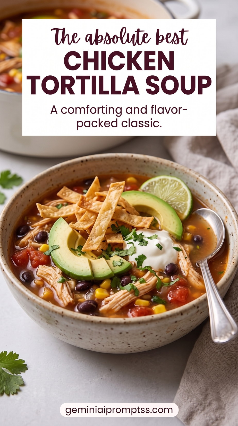 The Best Chicken Tortilla Soup with shredded chicken, tortilla strips, avocado, beans, corn, lime, and a red tomato-chile broth