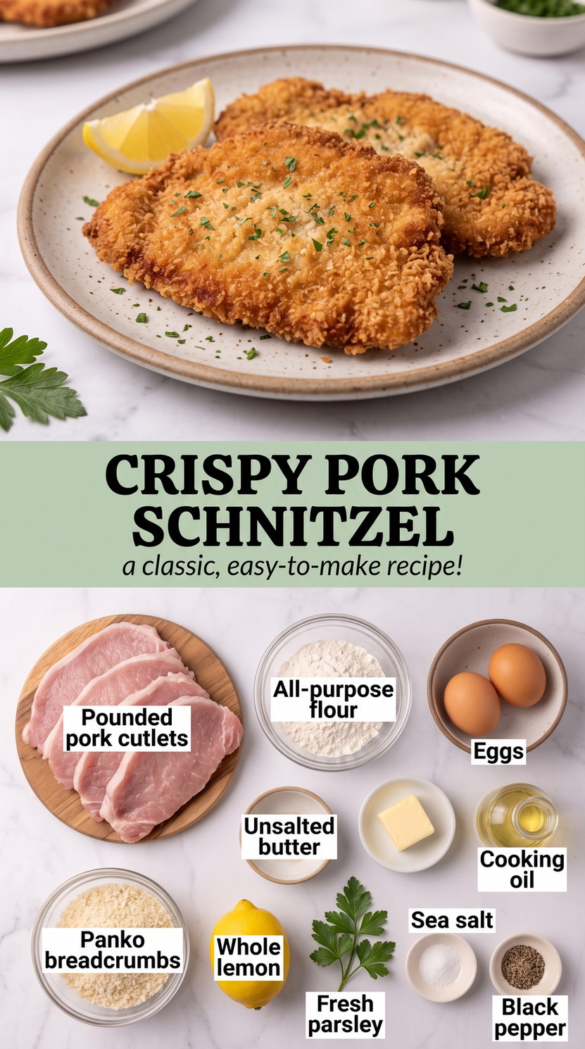 Pork Schnitzel Recipe showing crisp breaded pork schnitzel served with lemon and parsley