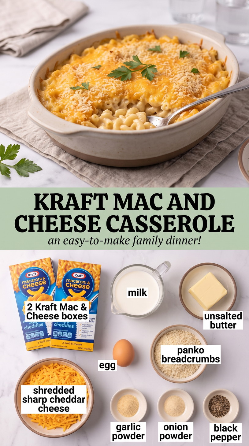 Kraft Mac and Cheese Casserole with Kraft-style baked mac and cheese enriched with extra cheddar, egg, and a seasoned panko crust