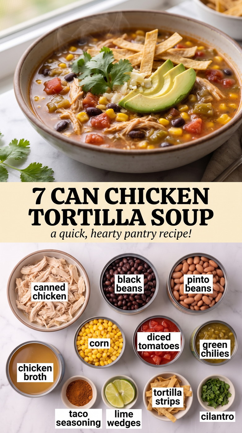 7 can chicken tortilla soup showing a tomato-based chicken soup with corn, beans, avocado, and crisp tortilla strips