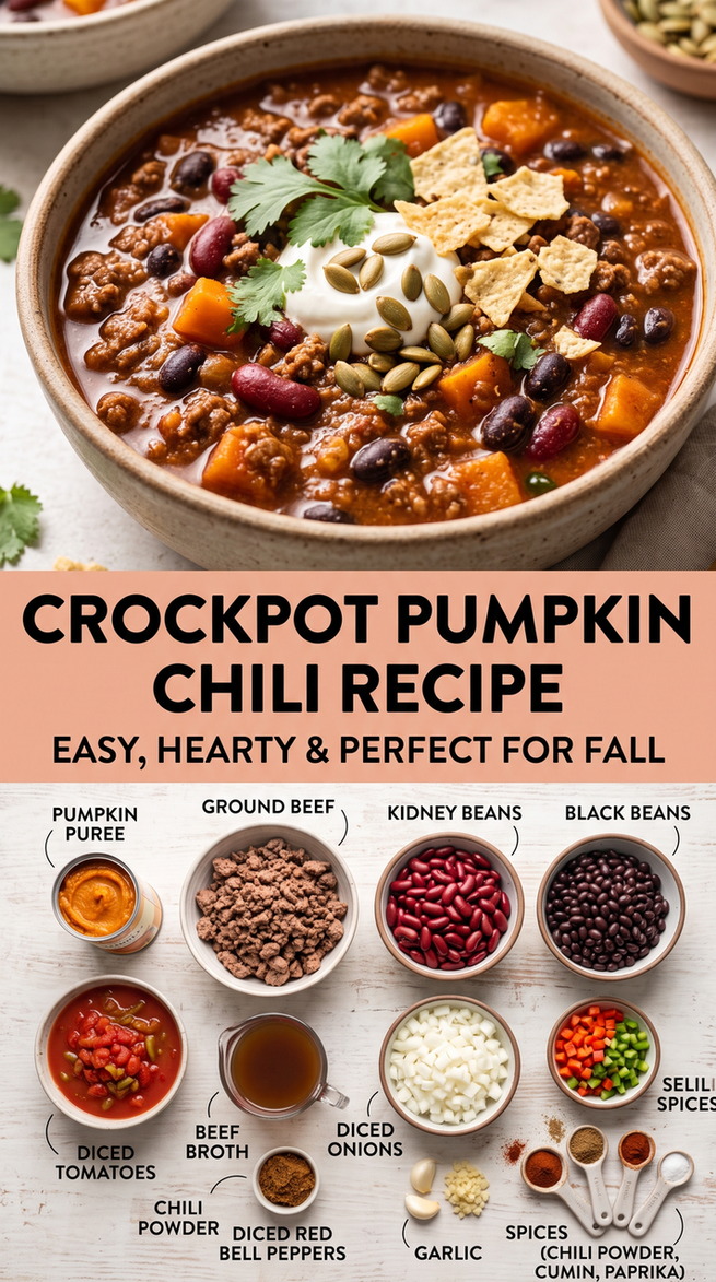 Crockpot Pumpkin Chili Recipe with pumpkin chili with beef, kidney beans, black beans, tomatoes, peppers, pumpkin, and fall spices