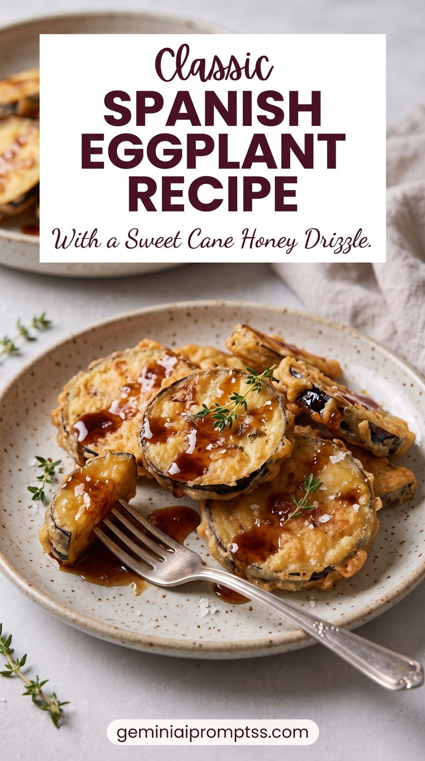 Spanish Berenjenas con Miel showing fried eggplant rounds with a glossy honey drizzle and fresh herbs