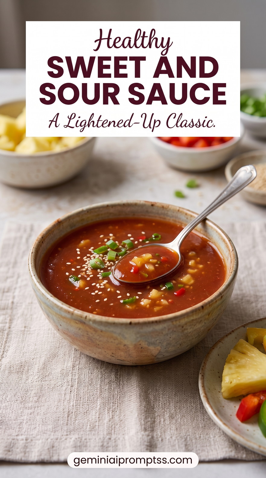 Healthy sweet and sour sauce showing a lighter sauce with pineapple juice, honey, tomato paste, scallions, and sesame