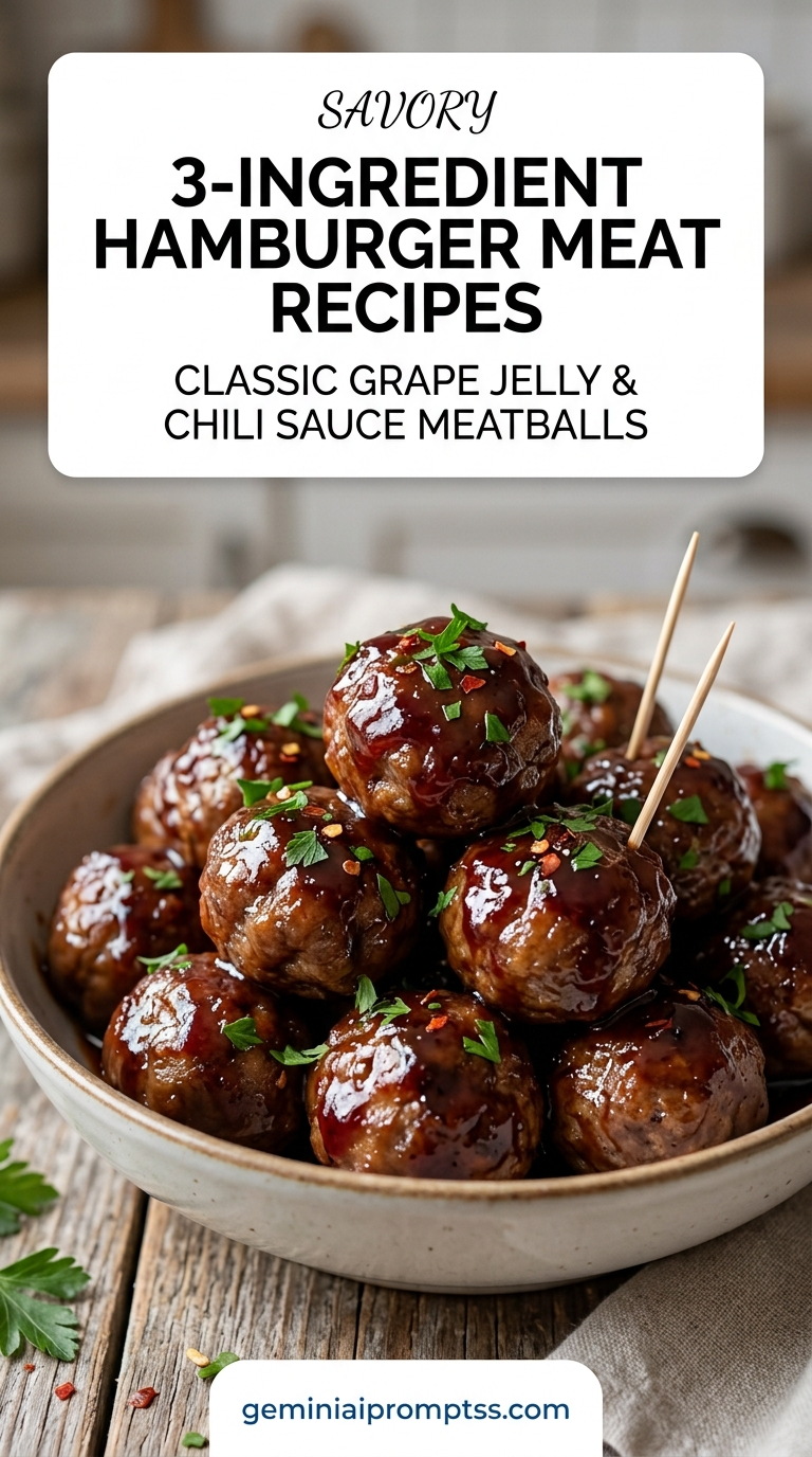 3-Ingredient Hamburger Meat Recipes showing glossy three-ingredient beef meatballs coated in grape-jelly chili sauce