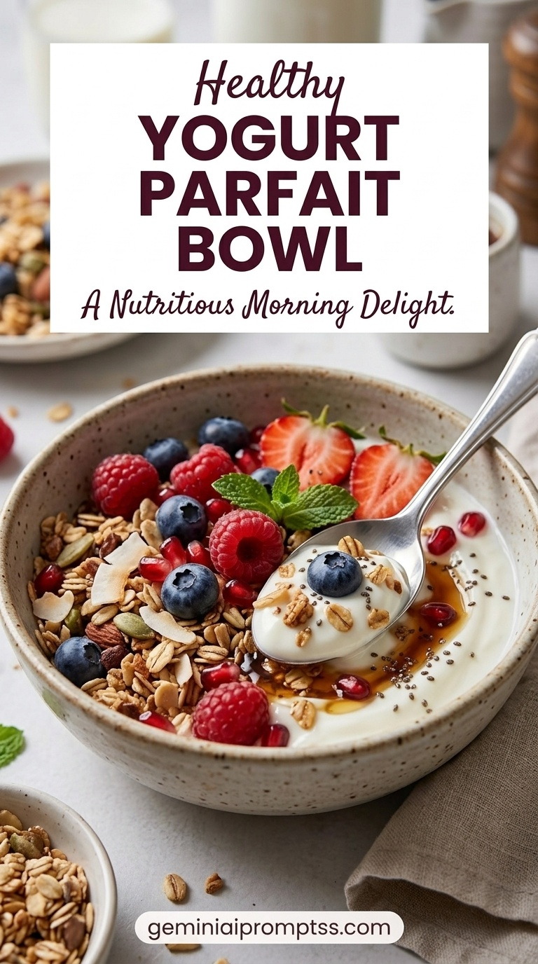Yogurt Parfait Bowl showing layered Greek yogurt with strawberries, blueberries, raspberries, granola, and almonds