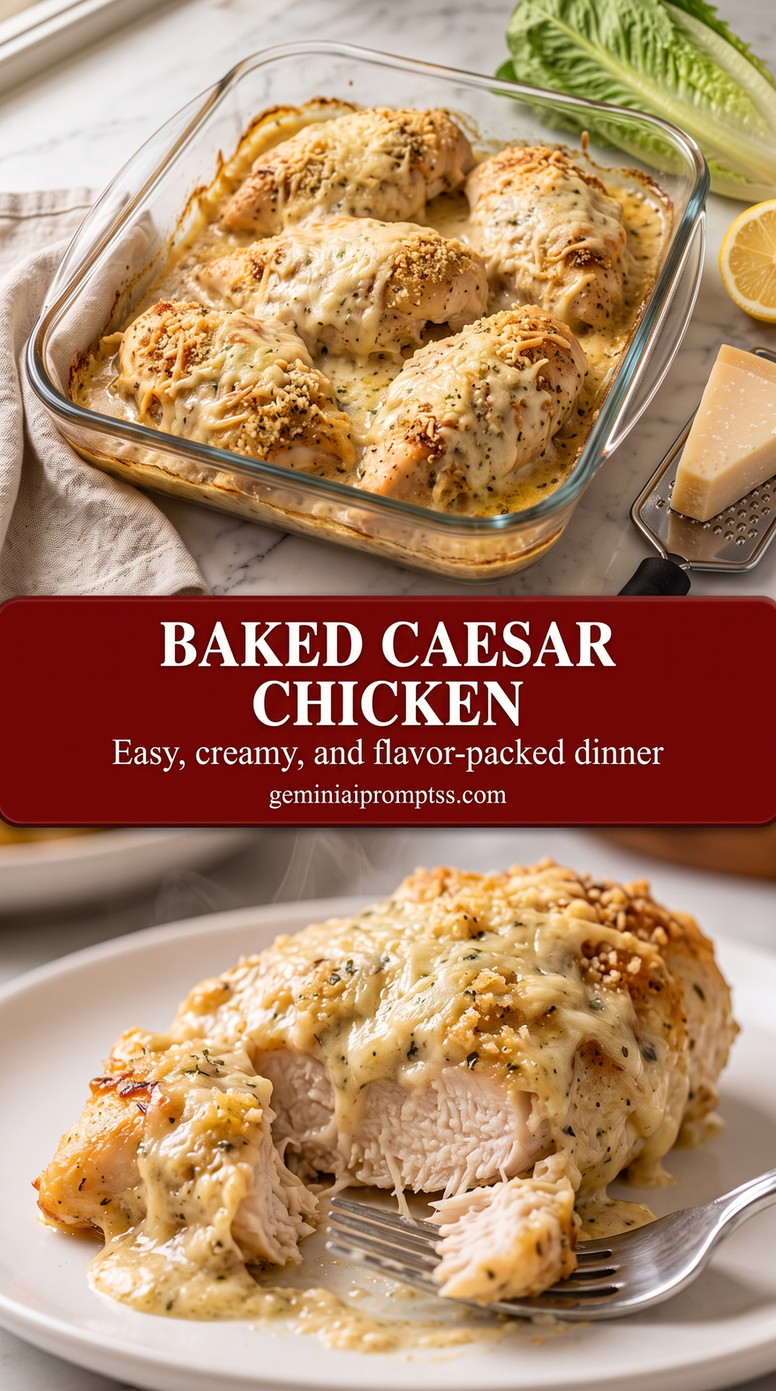 Baked Caesar Chicken with baked chicken with a creamy Caesar coating and browned Parmesan top