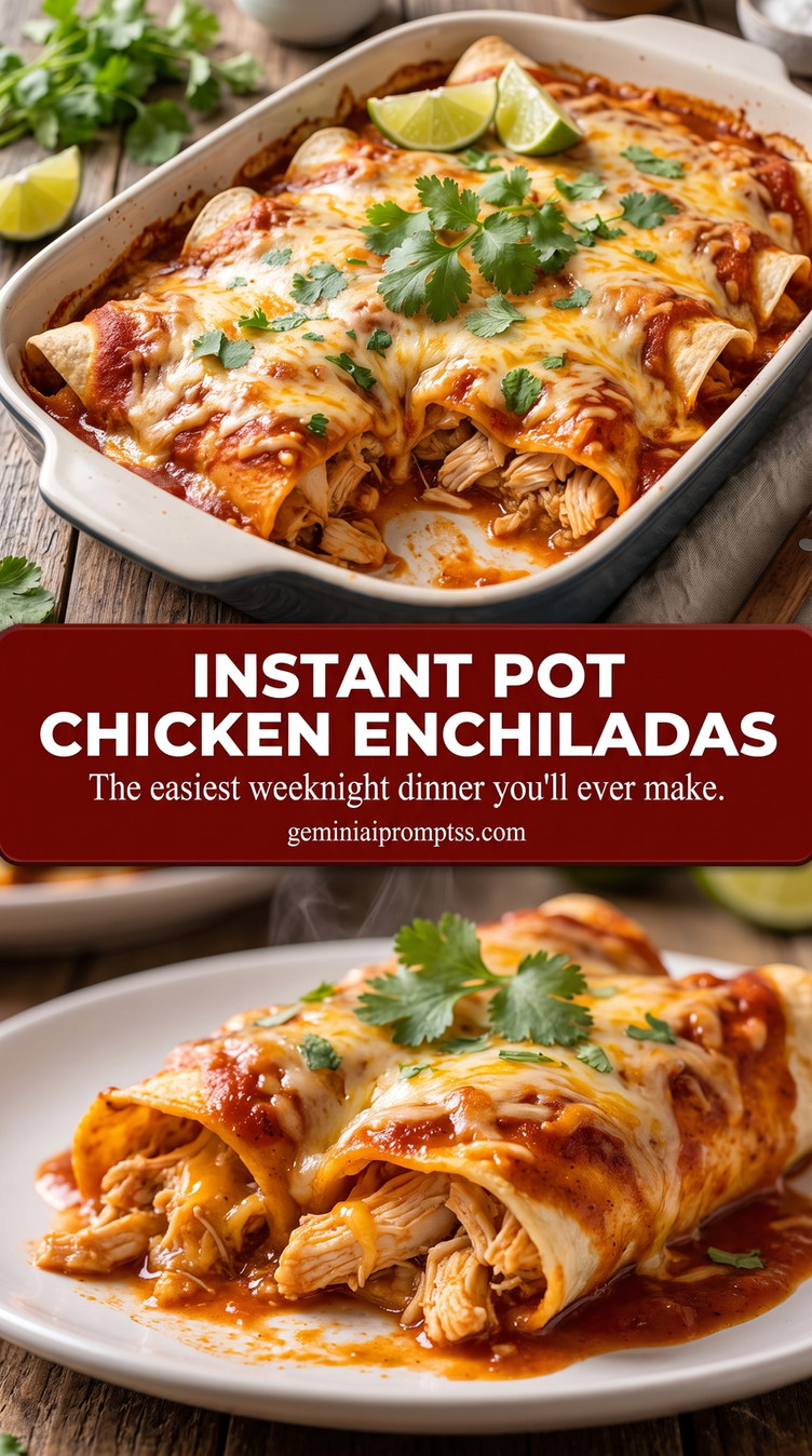 Instant Pot chicken enchiladas with red sauce with pressure-cooked chicken, tortillas, red sauce, and melted cheese