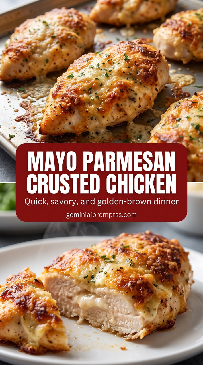Mayo parmesan crusted chicken showing golden Parmesan-crusted chicken with a crisp browned coating
