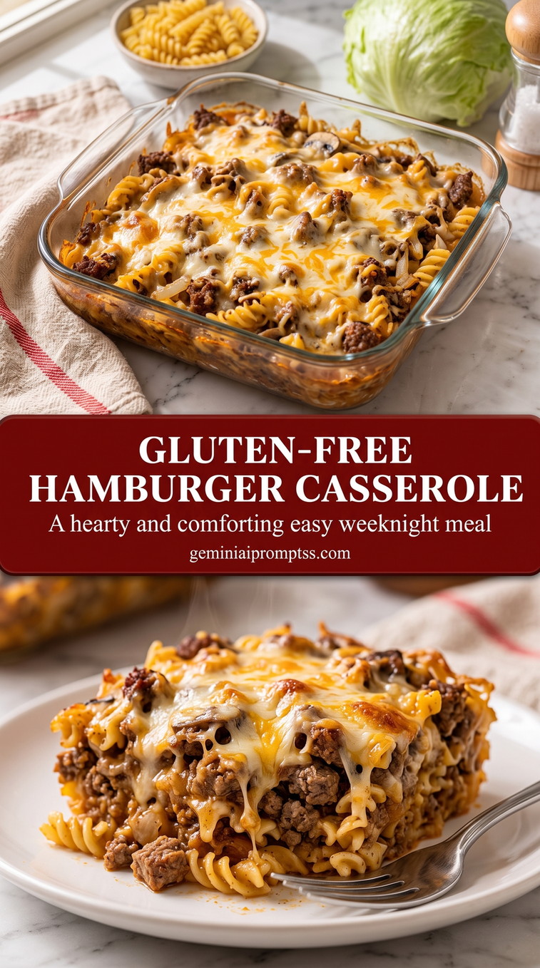 gluten-free hamburger casserole with a gluten-free pasta casserole with ground beef, spiral pasta, tomato-style sauce, melted cheese, and herbs