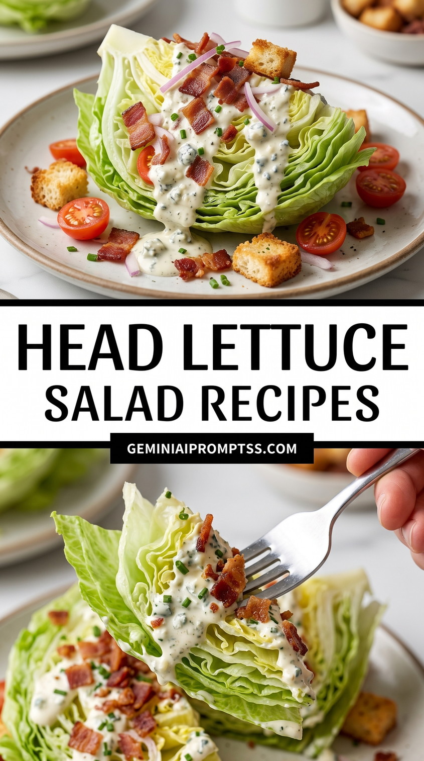 Head Lettuce Salad Recipes showing head lettuce served as a thick wedge with bacon, tomatoes, croutons and creamy herb dressing