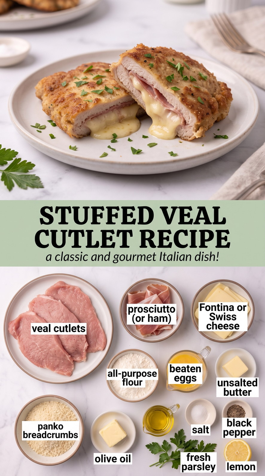 Stuffed Veal Cutlets with Spinach and Mozzarella prepared as a finished stuffed veal cutlet recipe recipe with browned cutlets ready to serve