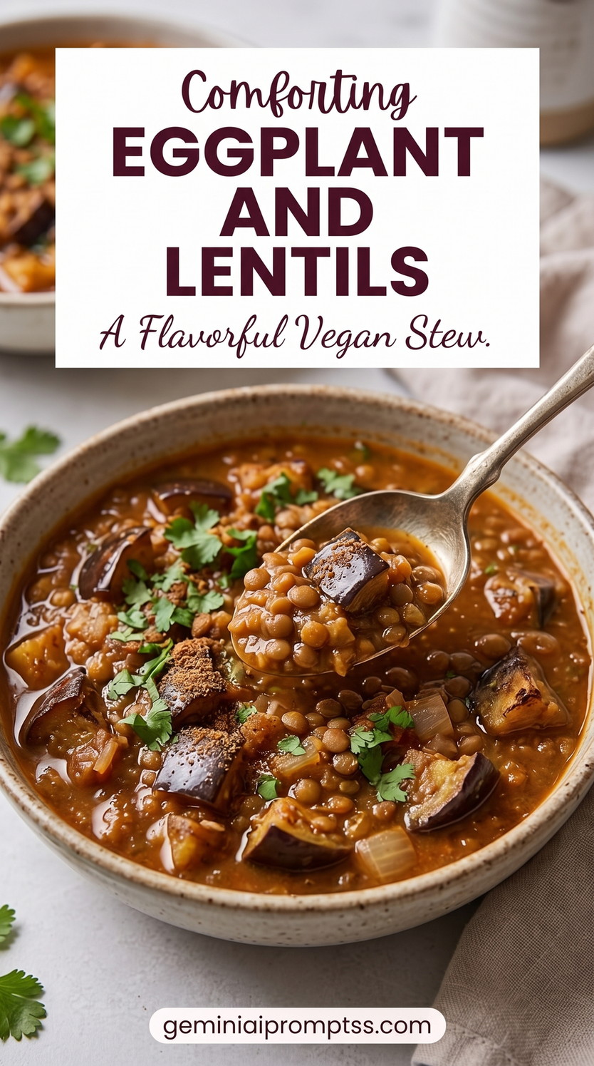 Comforting Eggplant and Brown Lentil Stew showing thick eggplant and brown lentil stew in a tomato-rich broth with herbs
