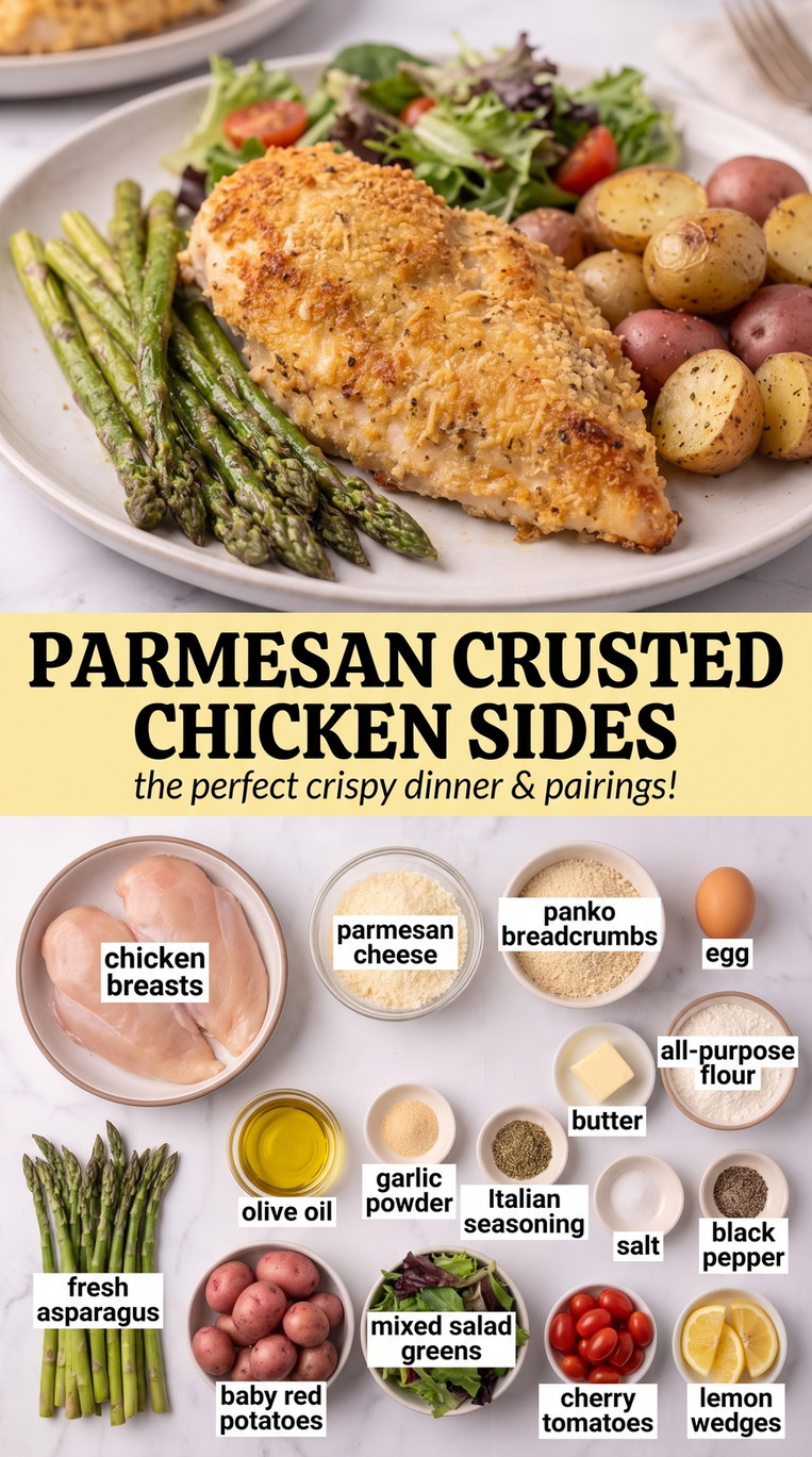 Parmesan crusted chicken sides showing Parmesan-crusted chicken served with roasted asparagus and baby potatoes