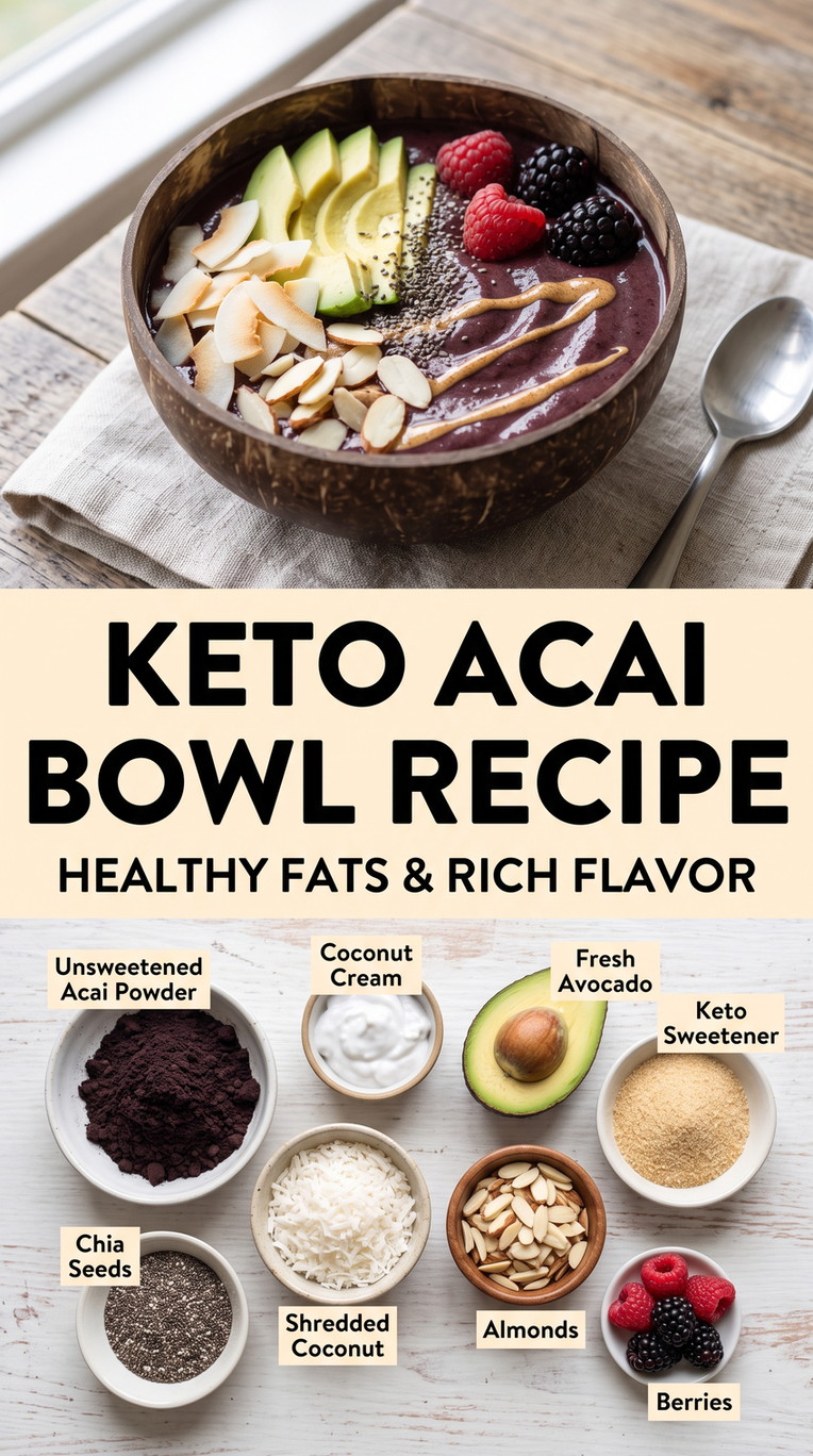Keto Acai Bowl Recipe with low-carb acai bowl with acai powder, coconut cream, avocado, chia, almonds, coconut, and berries