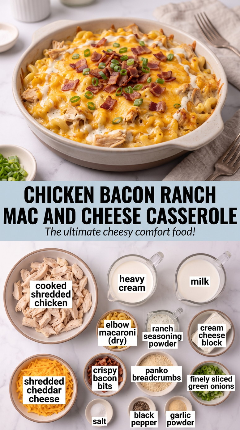 Chicken Bacon Ranch Mac and Cheese Casserole with chicken-bacon-ranch macaroni with cream cheese, cheddar, crisp bacon, scallions, and panko