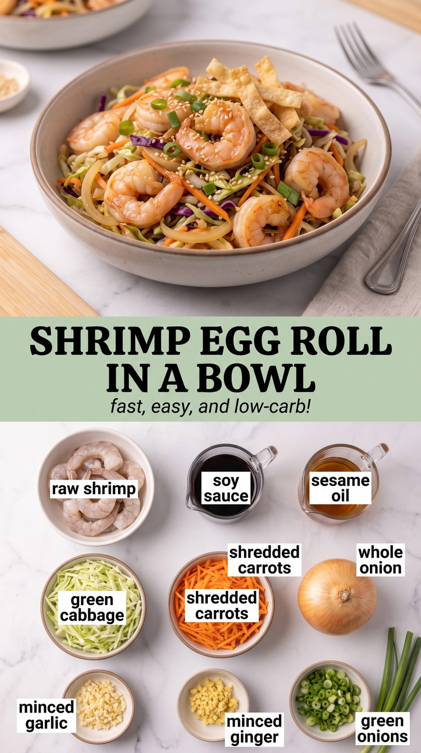 Shrimp Egg Roll in a Bowl showing peeled and deveined shrimp with shredded cabbage, carrots, onion, garlic, ginger, scallions, sesame, and a savory sesame-soy coating