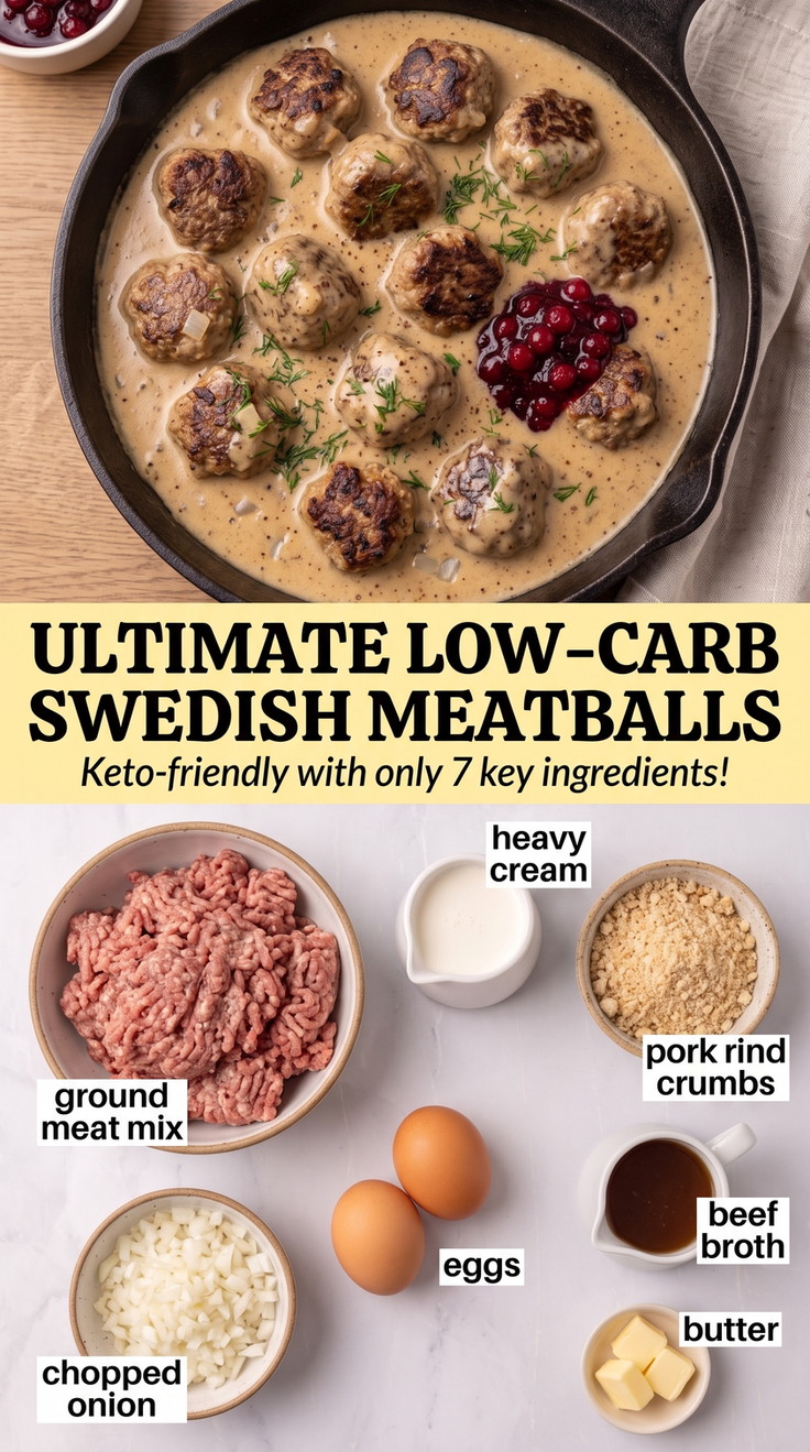 Low-carb Swedish meatballs finished dish made with ground meat mix, heavy cream, and pork rind crumbs