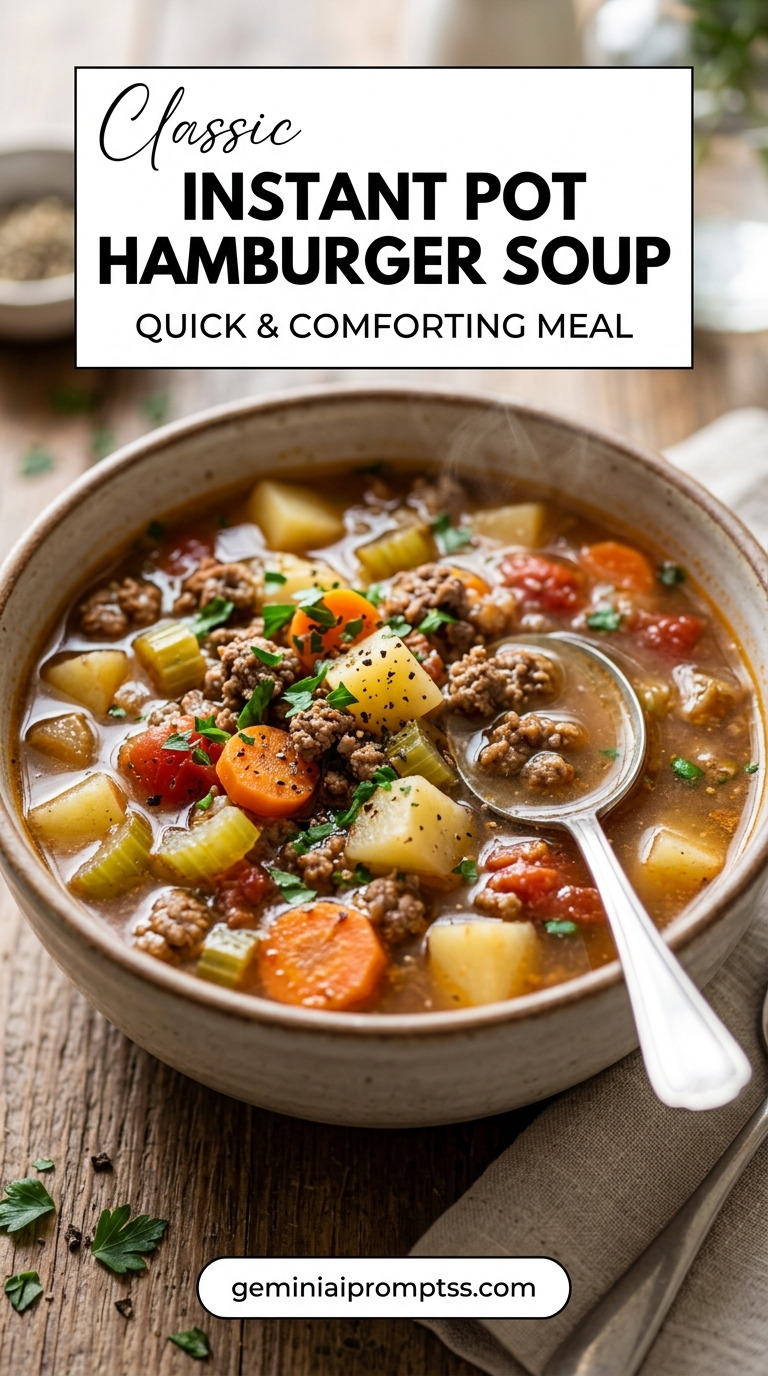 Instant Pot Hamburger Soup showing Instant Pot hamburger soup with ground beef, potatoes, carrots, celery, tomatoes, garlic, Worcestershire depth, and parsley