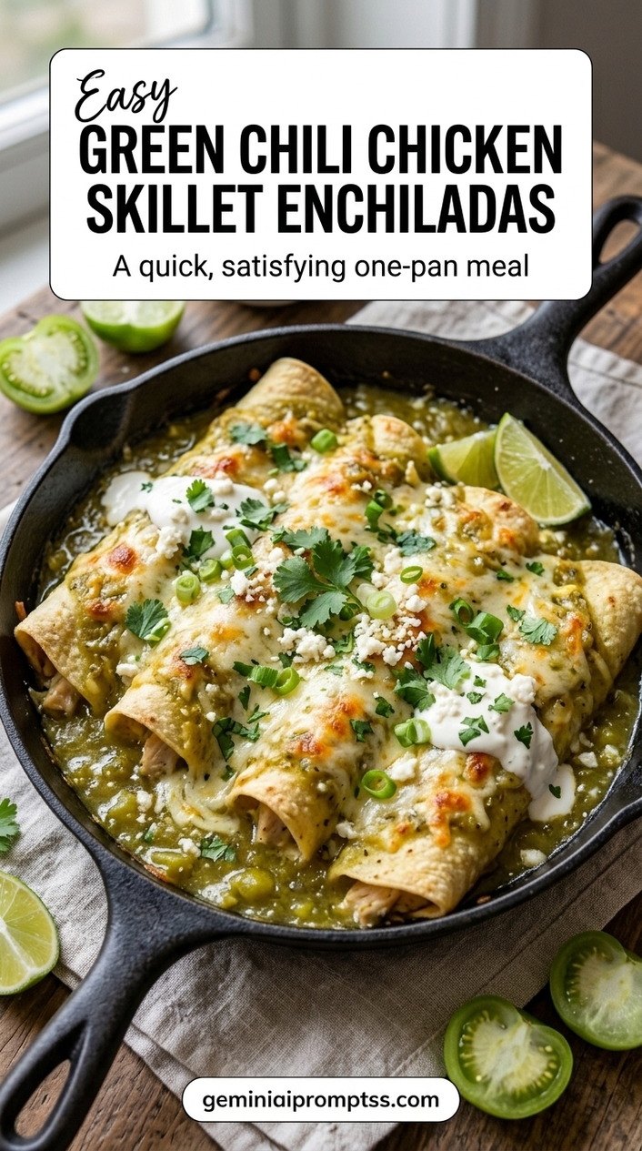 Green Chili Chicken Skillet Enchiladas finished recipe with green chiles for a mild pepper flavor