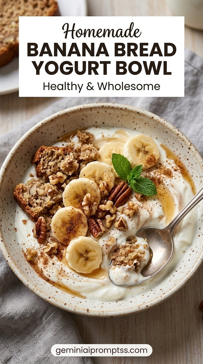 Banana Bread Yogurt Bowl showing Greek yogurt with banana-bread cubes, banana, pecans, cinnamon, and mint
