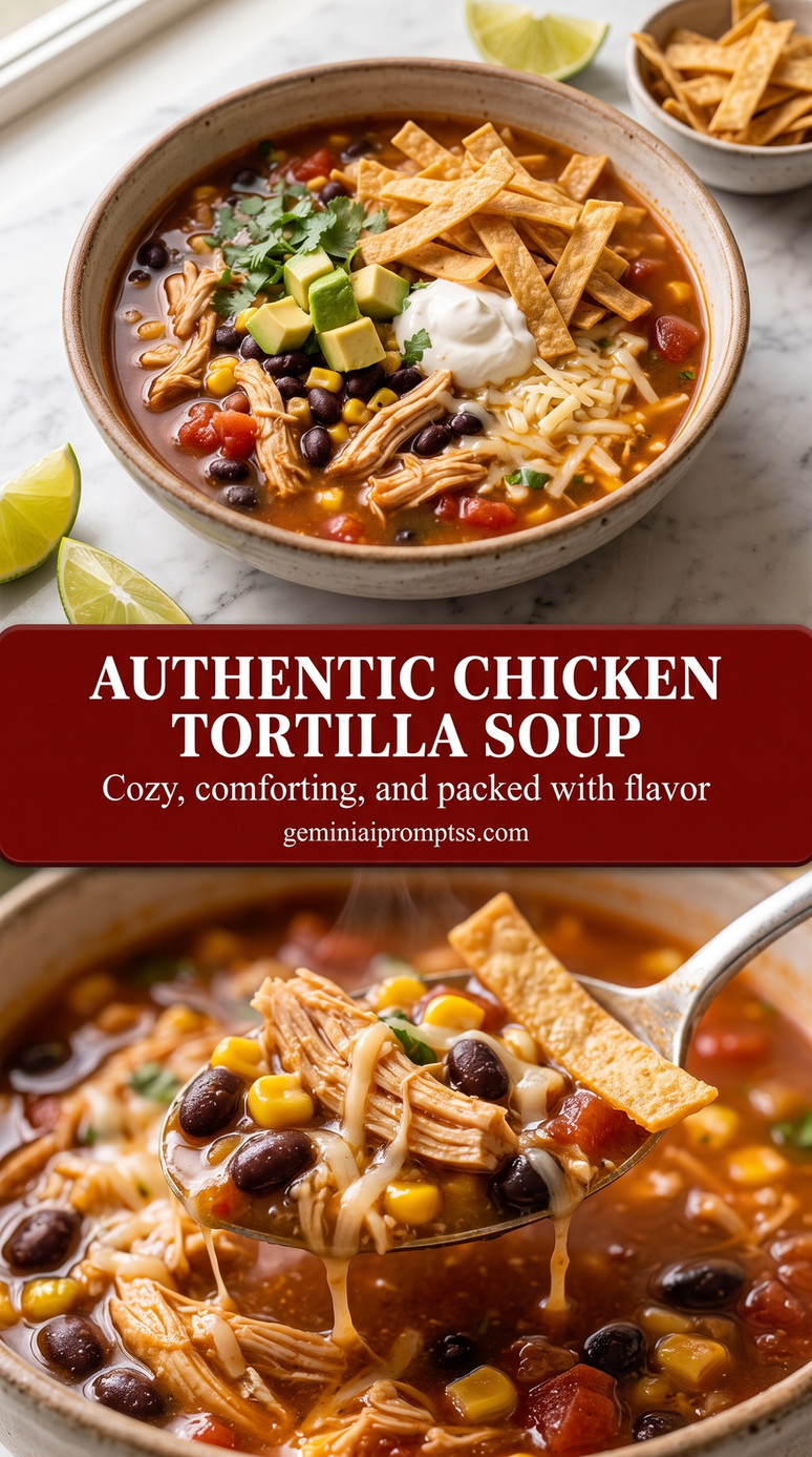 Authentic-Style Chicken Tortilla Soup with Ancho Chile finished dish with red tortilla soup with crisp tortilla strips, avocado, cheese, and herbs