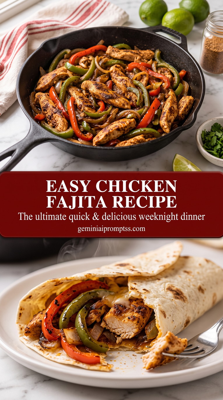Easy Chicken Fajita Recipe with browned chicken or steak with red and green peppers, onions, and a bright fresh finish