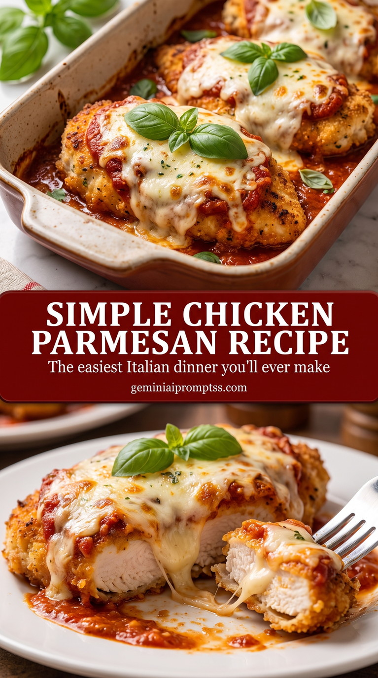 Simple chicken parmesan recipe showing golden Parmesan-crusted chicken with a crisp browned coating