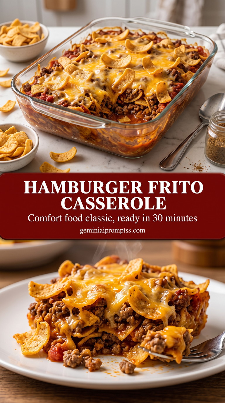 hamburger Frito casserole with a hamburger casserole with ground beef, tomato-style sauce, Fritos corn chips, melted cheddar, and green garnish