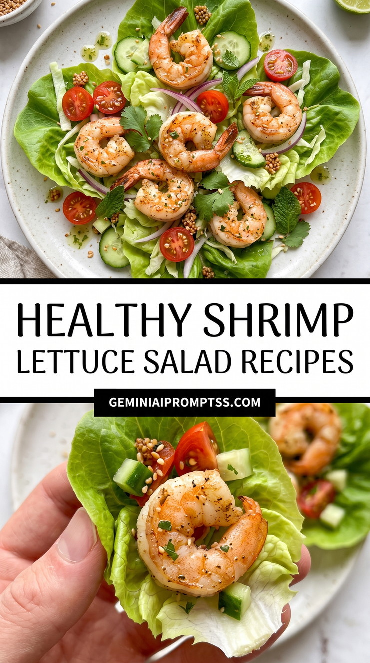 Healthy Shrimp Lettuce Salad Recipes showing seared shrimp over lettuce with cucumber, tomatoes and avocado