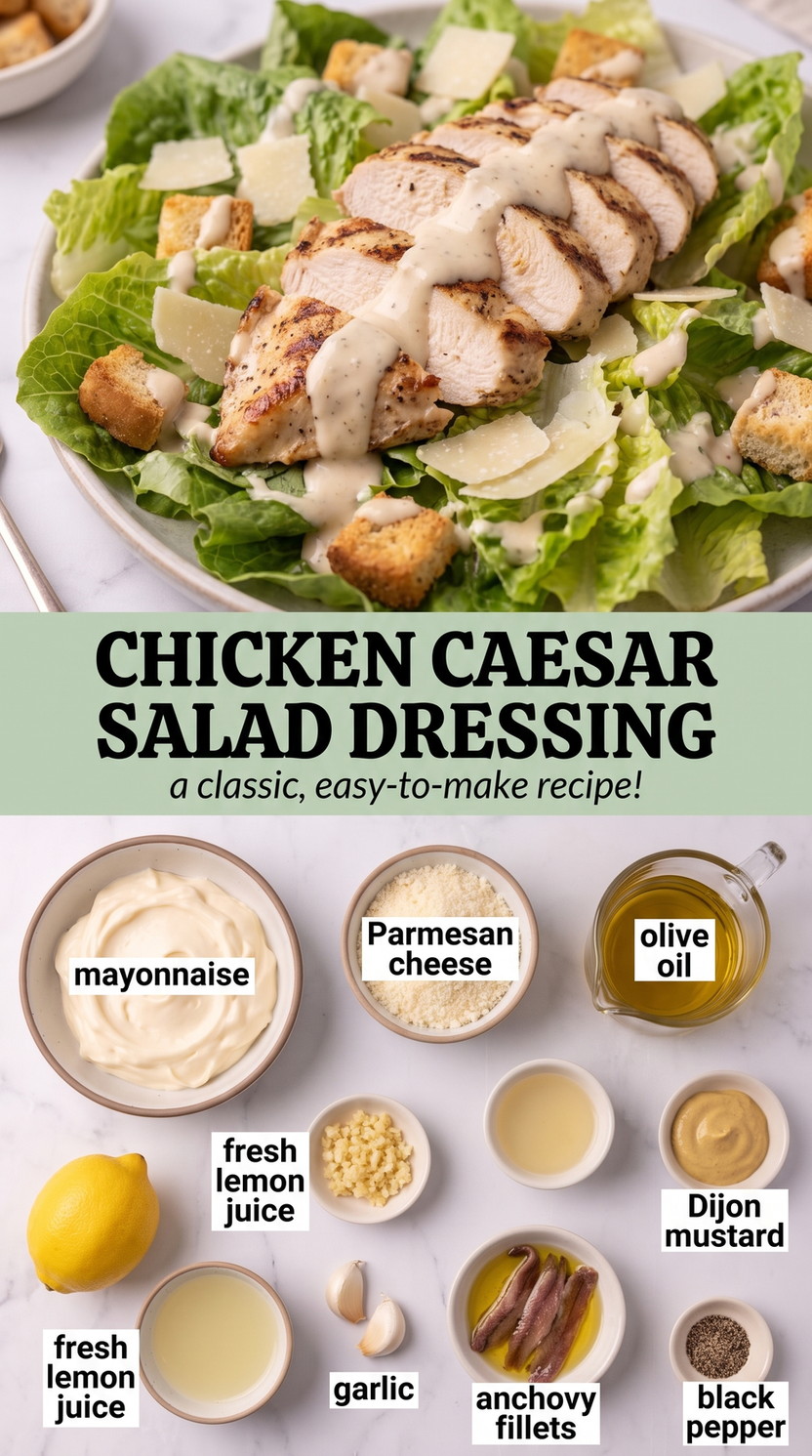 Creamy Caesar Dressing with Grilled Chicken Salad - chicken with crisp romaine, Parmesan, Caesar dressing, and crunchy toppings