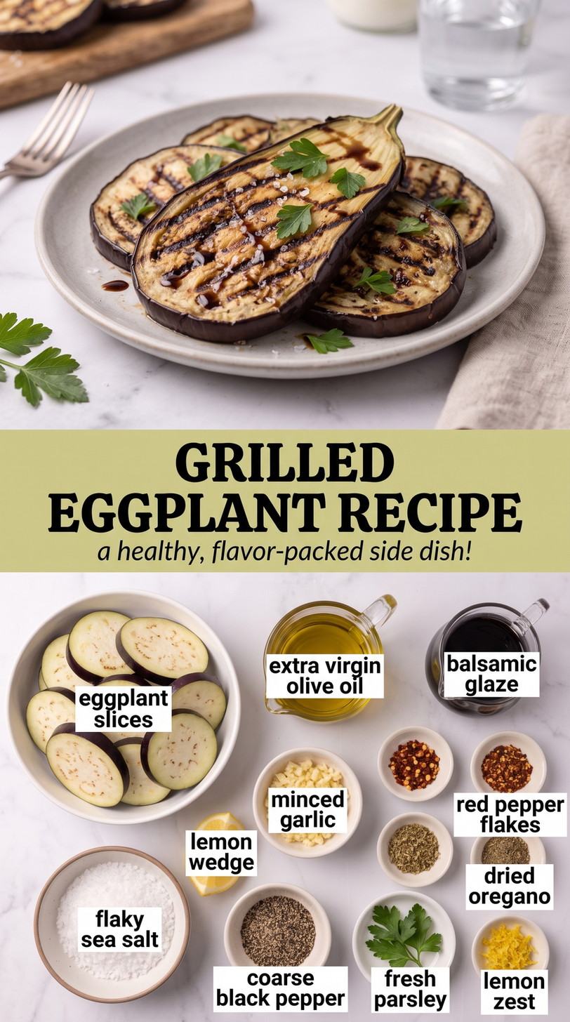 Grilled Eggplant Recipe showing charred grilled eggplant rounds with herbs, lemon and a light balsamic glaze