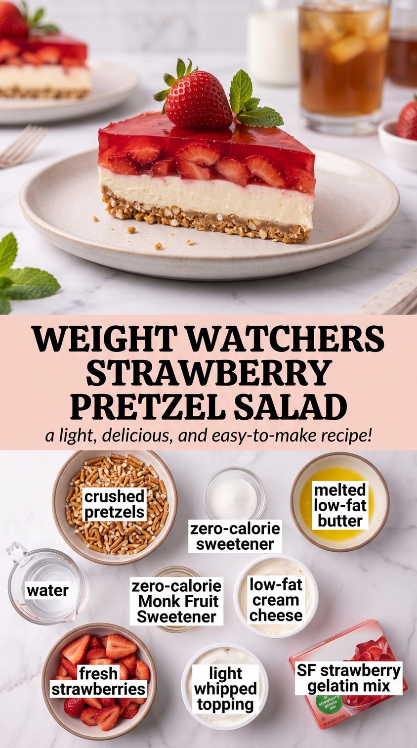 Weight Watchers Strawberry Pretzel Salad with lighter strawberry pretzel salad with reduced-fat dairy, zero-calorie sweeteners, fresh strawberries, and sugar-free gelatin